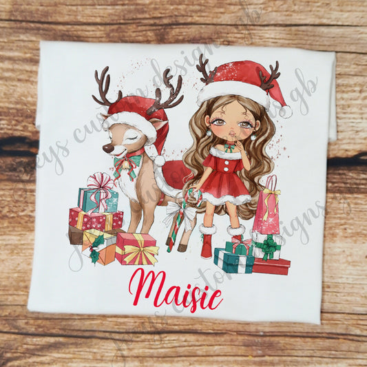 Childrens personalised Christmas tshirt, girl and reindeer top, Xmas shirt, Christmas clothing, kids xmas tee, personalised gift