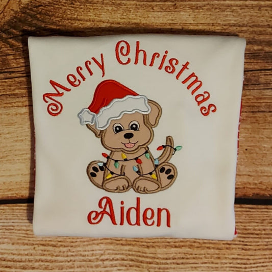 Childrens personalised Christmas tshirt, childs embroidered Xmas tee, dog in santa hat top, personalised gift for kids