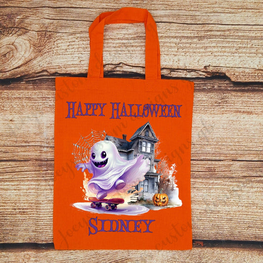Childrens personalised trick or treat bag, kids Halloween tote bag, Childs treat bag,  Personalised Halloween gift, Skateboarding ghost tote