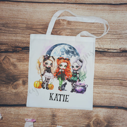 Childrens personalised Halloween bag, kids trick or treat tote bag, reusable bag, Hallowen bag, polyester long handled bag,