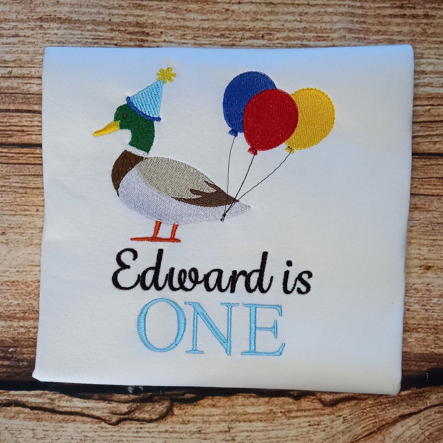 Childrens embroidered birthday tshirt,  duck with balloons birthday shirt, mallard duck tee, animal top, birthday gift, personalised clothes