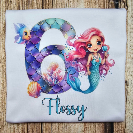 Childrens personalised birthday tshirt, kids mermaid birthday top, childs mermaid clothes, under the sea birthday shirt, birthday outfit