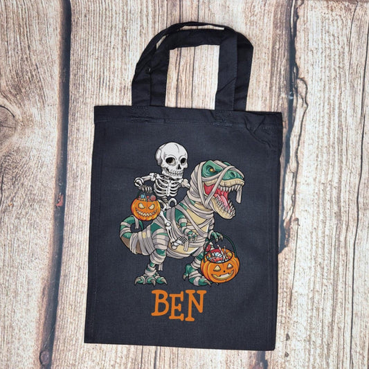Personalised Halloween trick or treat bag, Skeleton and dinosaur tote, Kids reusable bag, Children's gift, Childs bag, cotton short handle
