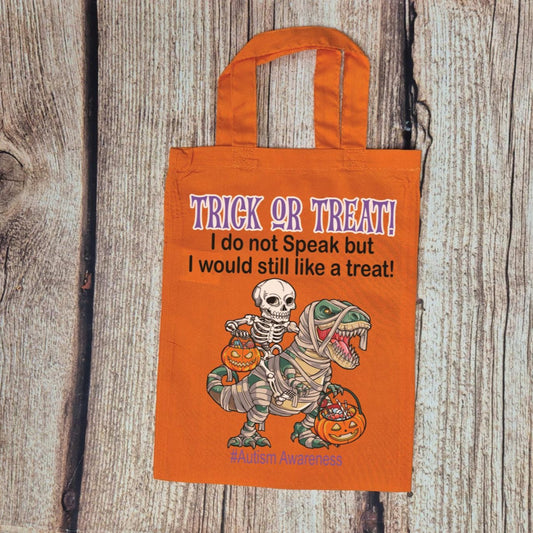 Childs Halloween tote bag, Kids dinosaur trick or treat bag, Autism awareness, Non verbal, childrens reusable bag
