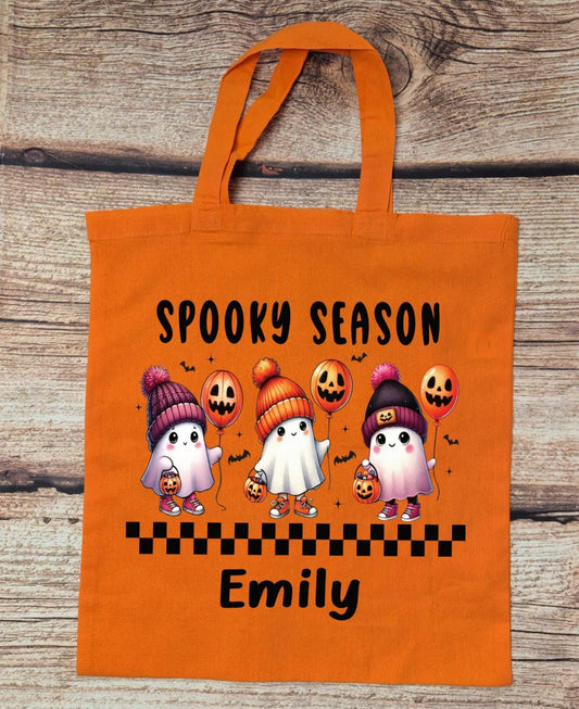 Children's personalised trick or treat bag, Childs Halloween tote, Ghosts and balloons canvas bag, short handle reusable bag, Gifts for kids