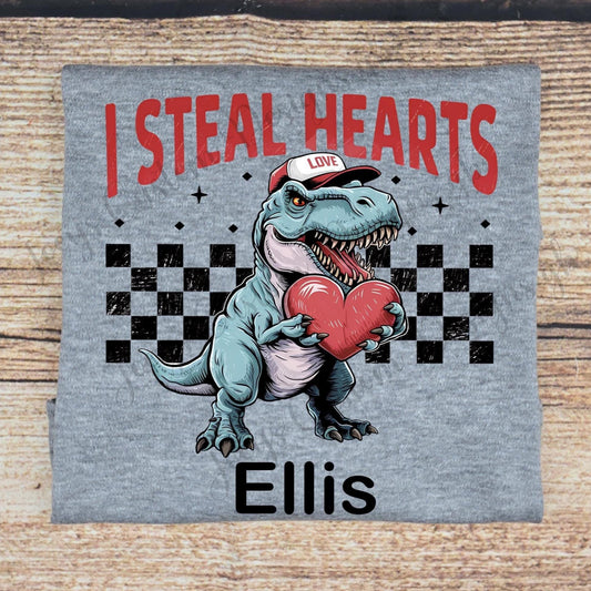 Children's personalised Valentines t-shirt, kids dinosaur tee, t-rex with heart top, Childs dino gift, cotton shirt