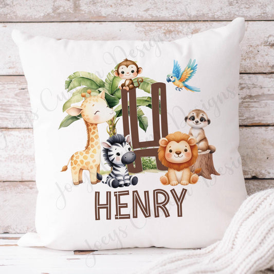 Personalised jungle cushion, babies letter throw cushion, children's nursery decor, animal pillow, cushion cover, gift for kids