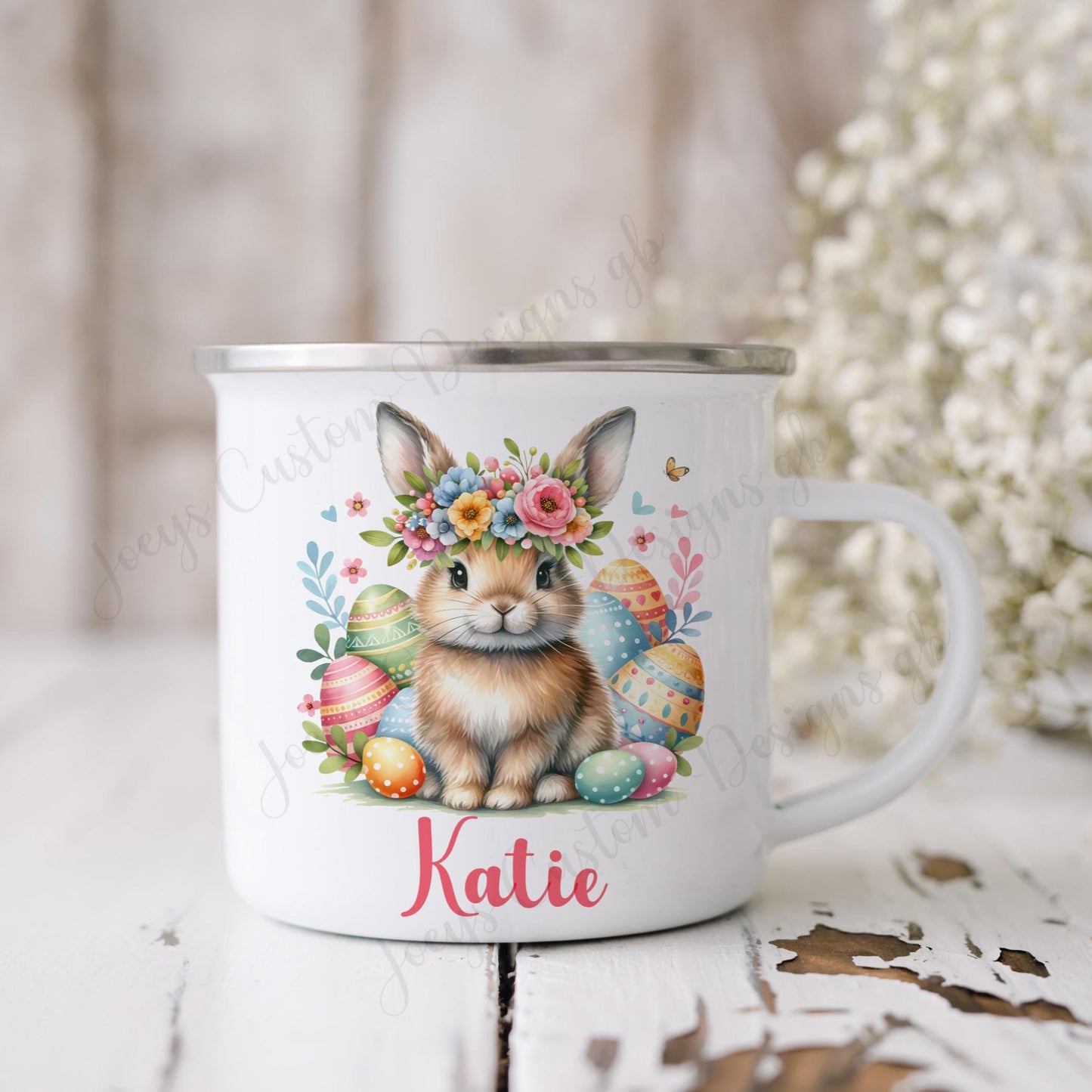 Children's personalised easter mug, Kids rabbit enamel cup, Metal drinkware, Childs Easter gift,