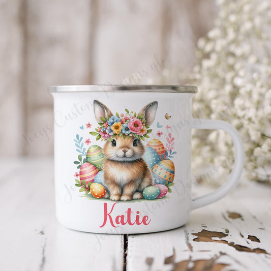 Children's personalised easter mug, Kids rabbit enamel cup, Metal drinkware, Childs Easter gift,