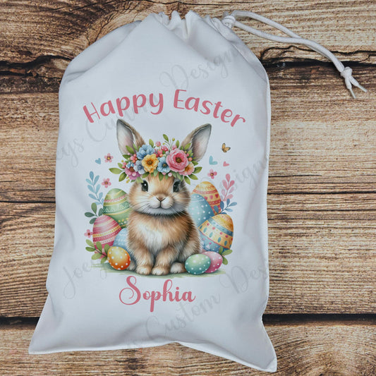 Personalised Easter treat bag, children's rabbit Easter egg gift bag, Egg hunt, drawstring bag