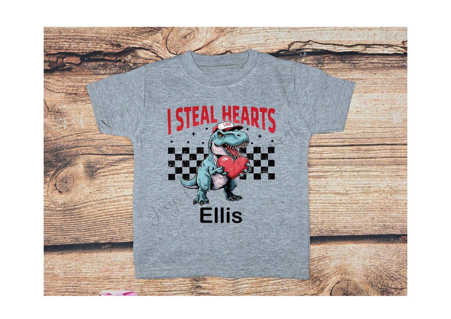 Children's personalised Valentines t-shirt, kids dinosaur tee, t-rex with heart top, Childs dino gift, cotton shirt