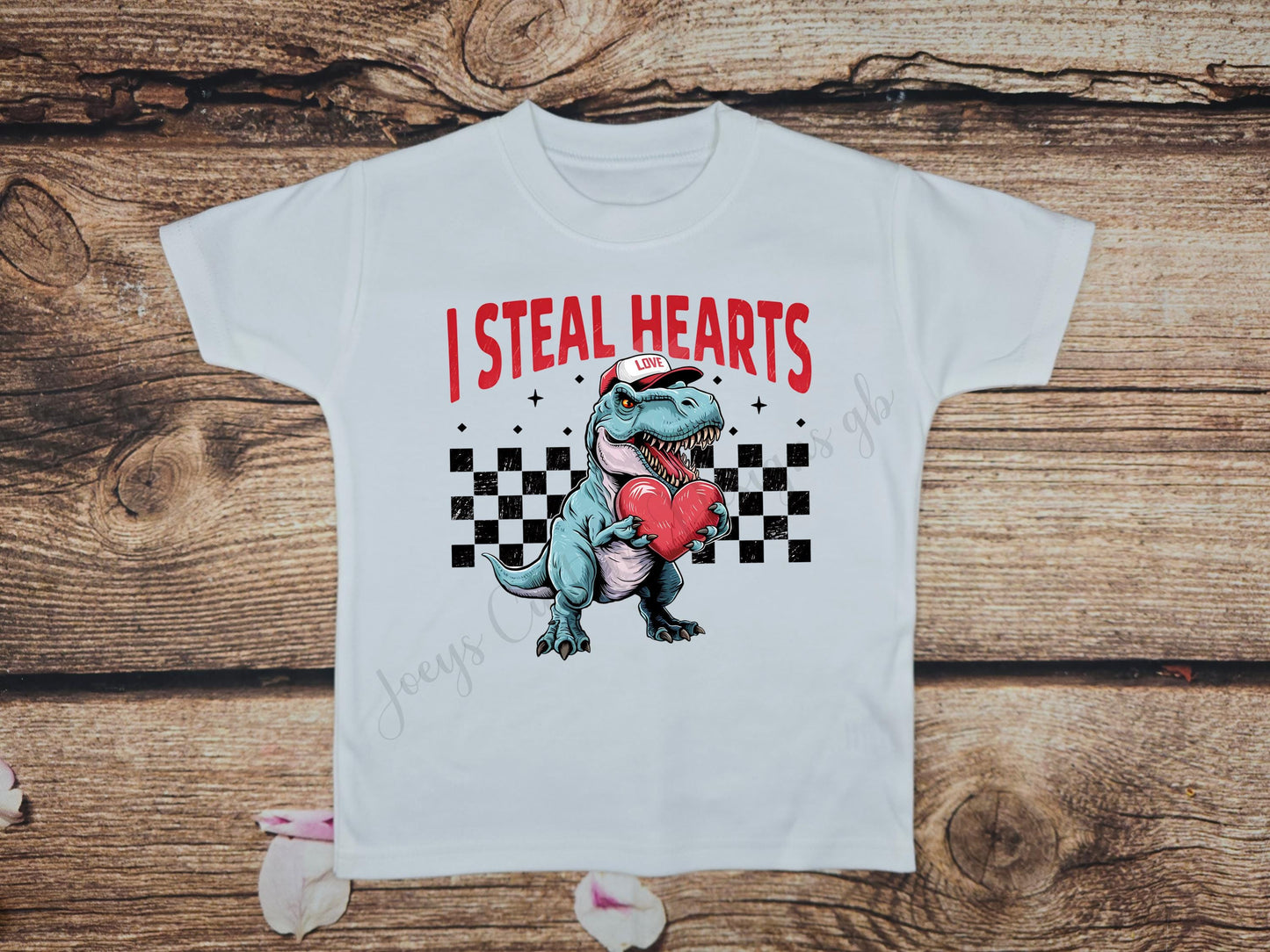 Children's personalised Valentines t-shirt, kids dinosaur tee, t-rex with heart top, Childs dino gift, cotton shirt