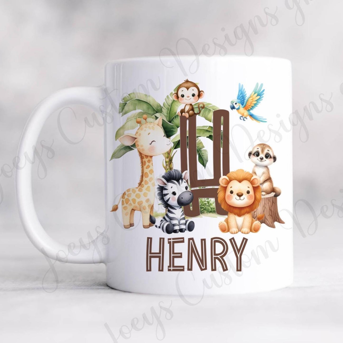 Children's personalised 11 oz mug, kids jungle animal cup, child's animal plastic mug, ceramic drinkware, giraffe, lion, Zebra, Monkey