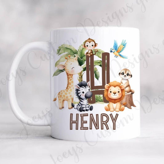 Children's personalised 11 oz mug, kids jungle animal cup, child's animal plastic mug, ceramic drinkware, giraffe, lion, Zebra, Monkey
