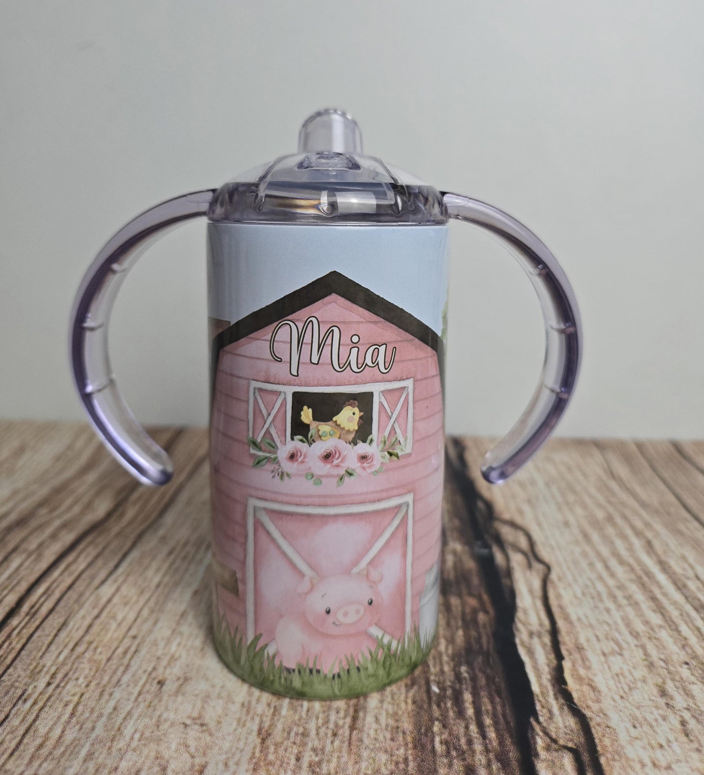 Personalised wide handled sippy cup, Childrens beaker, Farmyard animals drinking bottle, kids pink Farm tumbler, 12 0z tumbler with straw