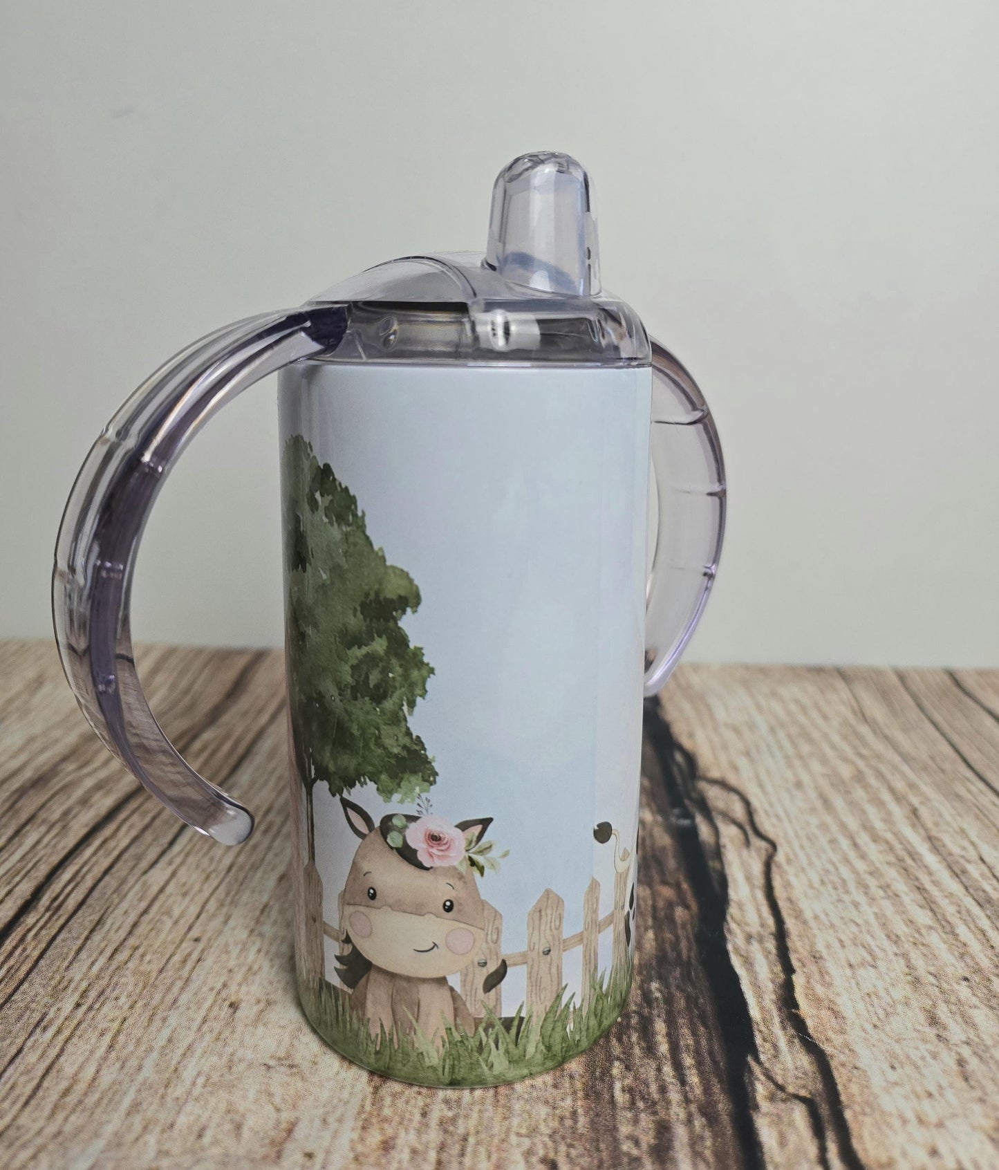 Personalised wide handled sippy cup, Childrens beaker, Farmyard animals drinking bottle, kids pink Farm tumbler, 12 0z tumbler with straw