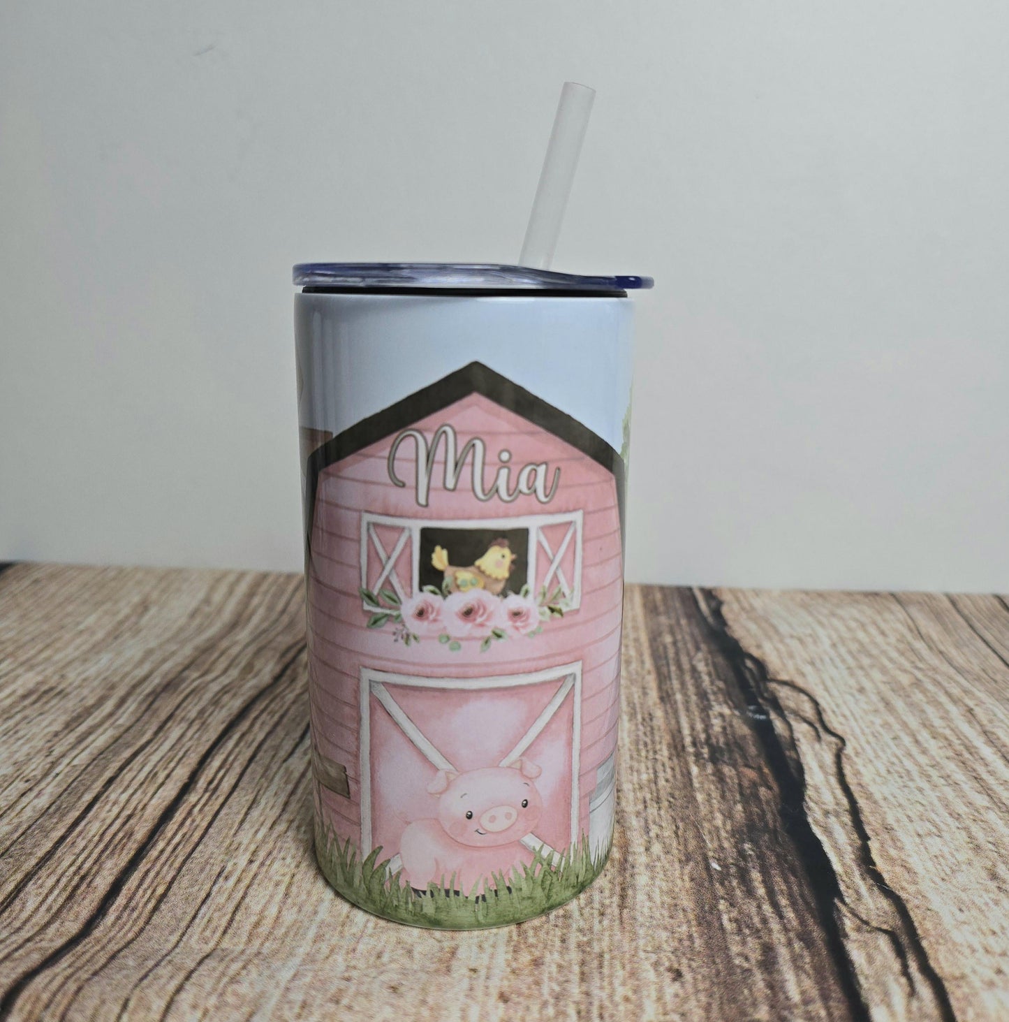 Personalised wide handled sippy cup, Childrens beaker, Farmyard animals drinking bottle, kids pink Farm tumbler, 12 0z tumbler with straw