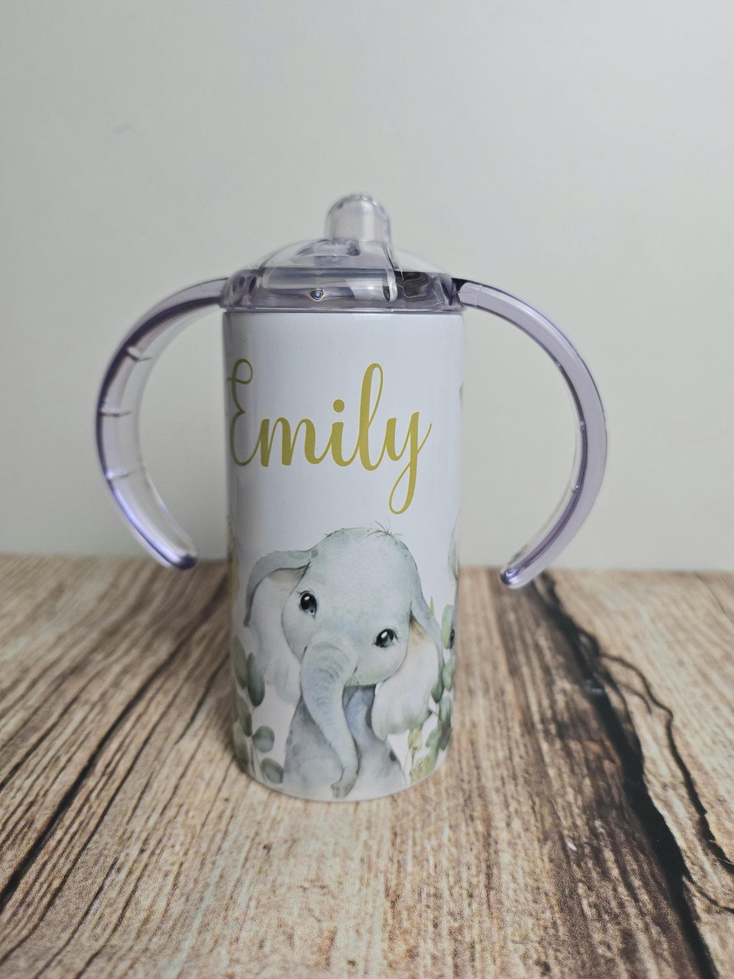 Personalised sippy cup with wide handles, Safari animal drinks bottle, 12oz tumbler with straw,  drinking beaker, Elephant, Zebra, giraffe