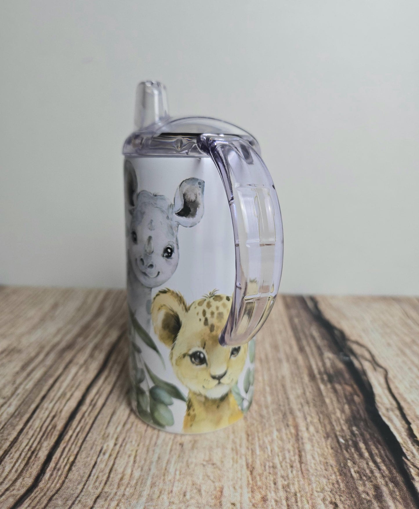 Personalised sippy cup with wide handles, Safari animal drinks bottle, 12oz tumbler with straw,  drinking beaker, Elephant, Zebra, giraffe