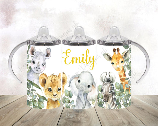 Personalised sippy cup with wide handles, Safari animal drinks bottle, 12oz tumbler with straw,  drinking beaker, Elephant, Zebra, giraffe