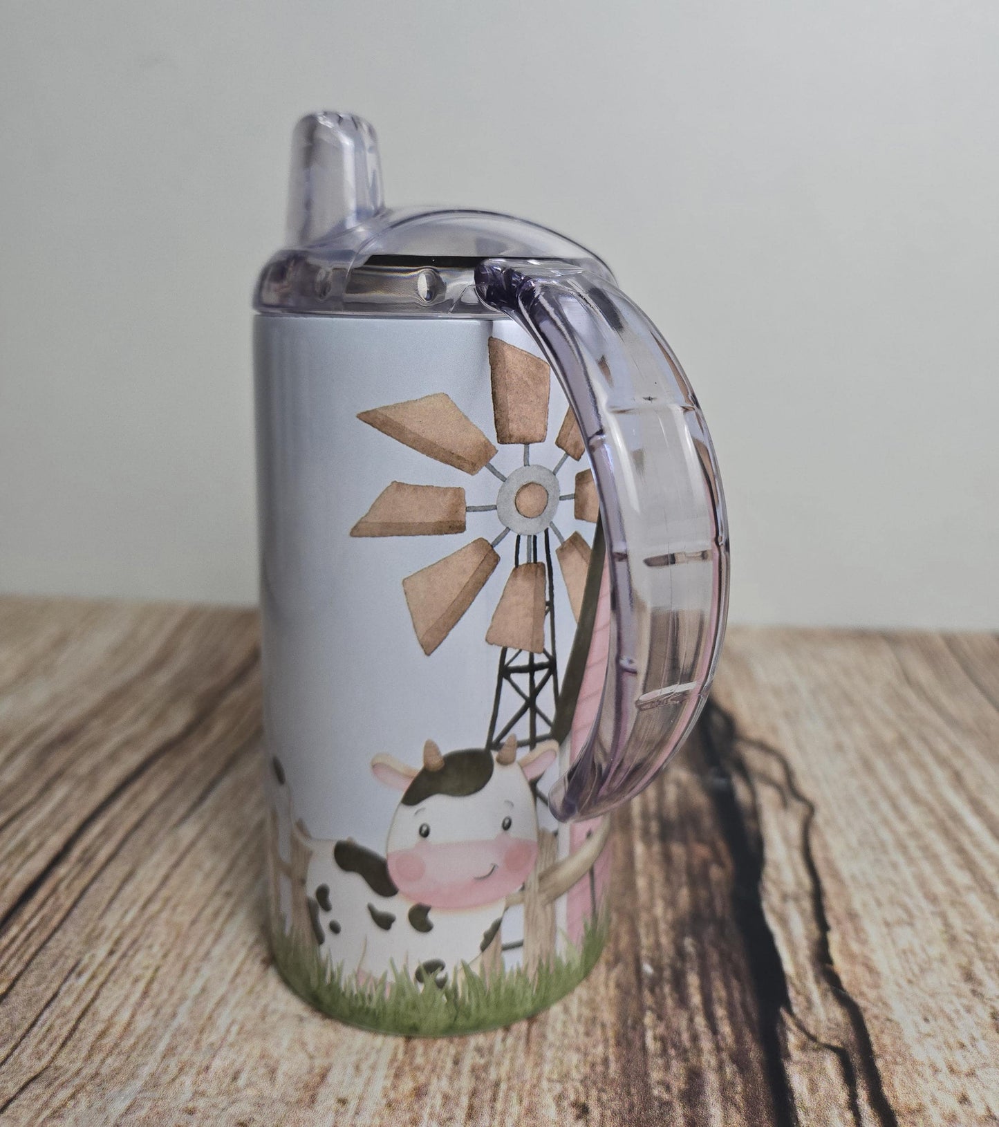 Personalised wide handled sippy cup, Childrens beaker, Farmyard animals drinking bottle, kids pink Farm tumbler, 12 0z tumbler with straw