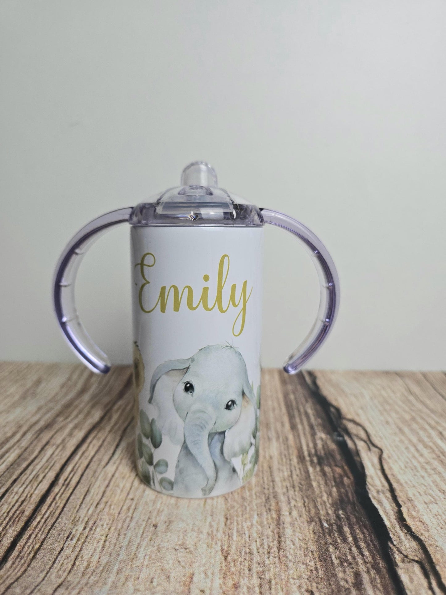 Personalised sippy cup with wide handles, Safari animal drinks bottle, 12oz tumbler with straw,  drinking beaker, Elephant, Zebra, giraffe