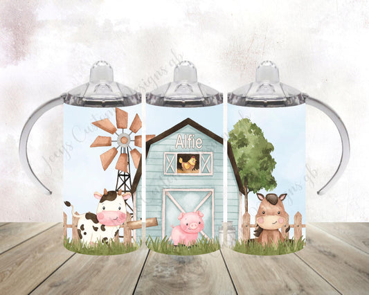 Personalised wide handled sippy cup, kids farmyard drinking bottle, Farm animal baby beaker, 12oz tumbler with straw, Stainless steel bottle
