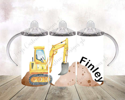 Personalised sippy cup with wide handles, Childrens digger tumbler, kids construction vehicle flask, baby drinkware, Childs drinking bottle