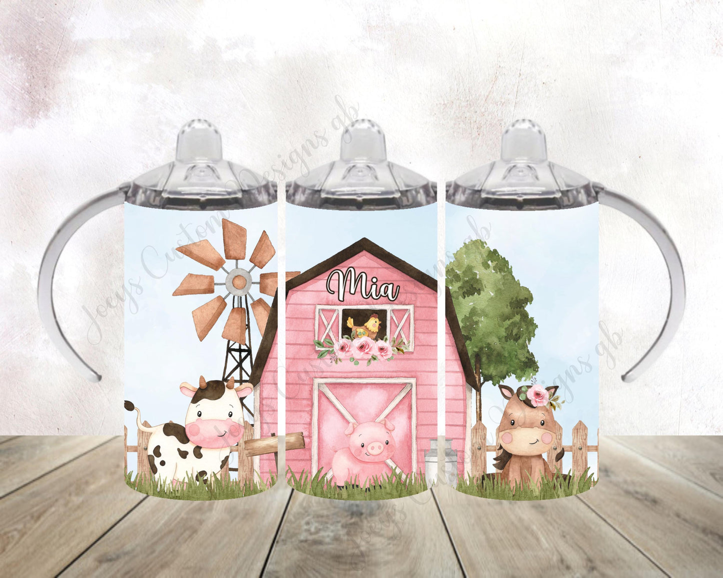 Personalised wide handled sippy cup, Childrens beaker, Farmyard animals drinking bottle, kids pink Farm tumbler, 12 0z tumbler with straw