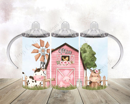 Personalised wide handled sippy cup, Childrens beaker, Farmyard animals drinking bottle, kids pink Farm tumbler, 12 0z tumbler with straw