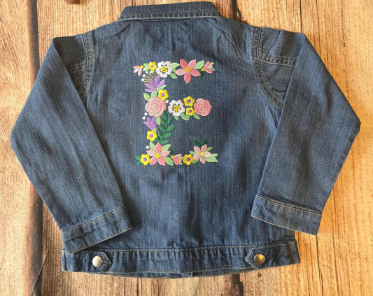 Children's personalised denim jacket, Floral embroidered coat, Initial Flower bridesmaid jacket, kids outdoor clothes, summer wardrobe