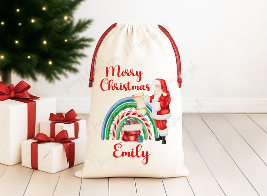 Personalised gift sack, Linen Santa sack with red drawstrings, Father Christmas rainbow,  Children's Christmas gift bag, Festive holdall,