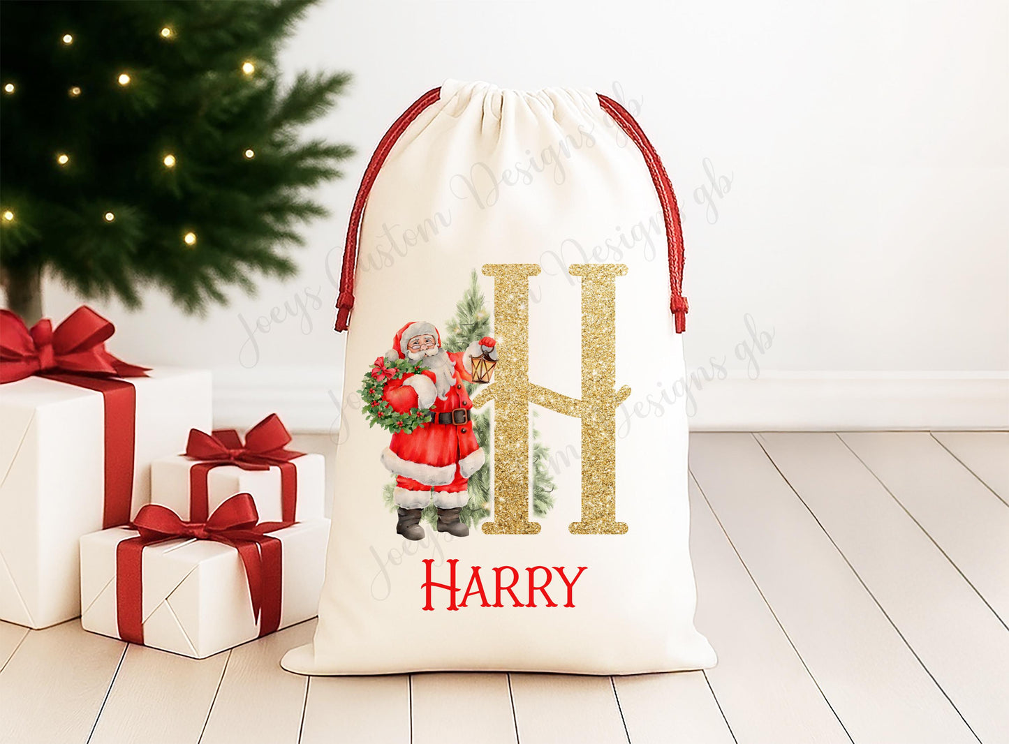 Personalised gift sack, Linen Santa sack with red drawstrings, Father Christmas,  Children's Christmas gift bag, Festive holdall,