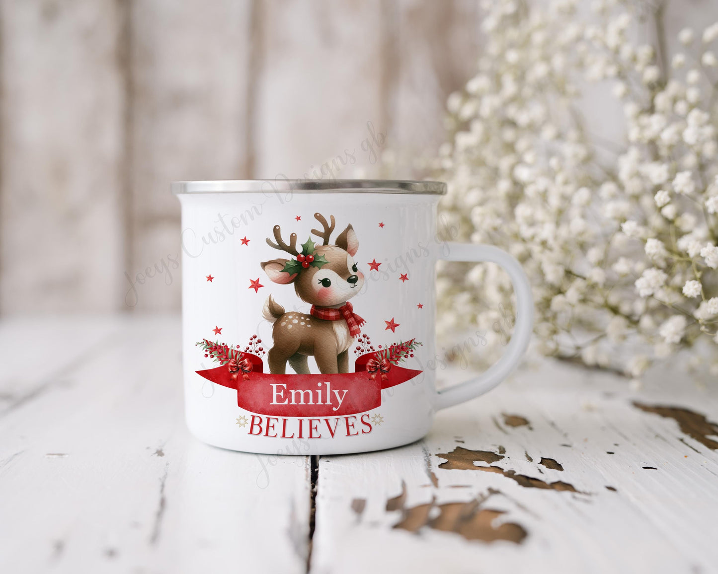 Personalised enamel mug, Kids cup, Christmas gift, reindeer drinkware, camping cup, festive unbreakable metal cup