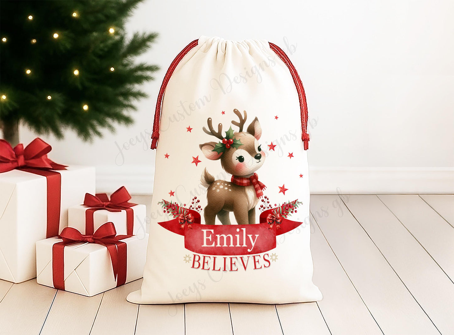 Personalised gift sack, Linen Santa sack with red drawstrings, Reindeer,  Children's Christmas gift bag, Festive holdall,