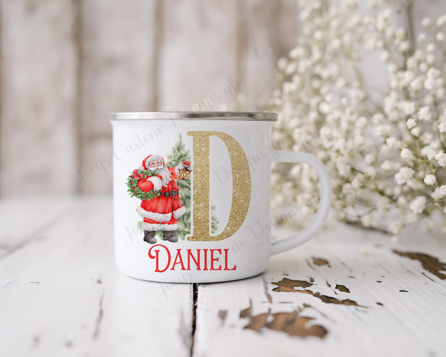 Personalised Christmas mug, Father Christmas enamel cup, 12 fl oz metal drinkware, Kids Santa mug, Xmas eve drinking cup, Festive drinkware