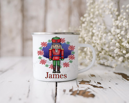 Personalised Christmas mug, Nutcracker enamel cup, metal drinkware, Children's Xmas drinking cup, Festive metal mug, Family matching mugs
