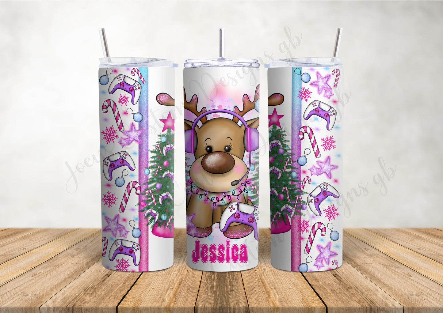 Gamer 20 oz tumbler with straw, Christmas reindeer cup, Personalised metal drinkware, Festive drinking bottle, hot and cold drinking flask