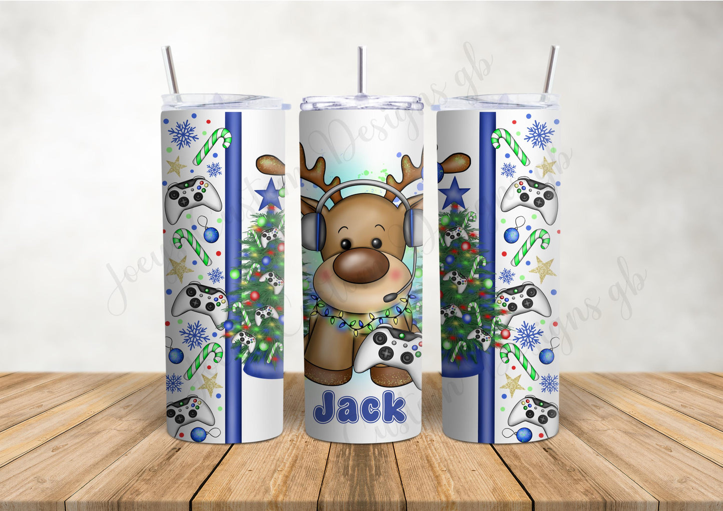Christmas tumbler, Gamer reindeer drinking bottle, 20 fl oz metal drinkware and straw, Festive flask, personalised gift, hot and cold drinks
