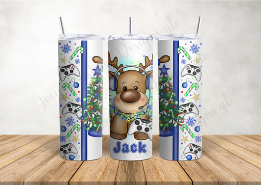 Christmas tumbler, Gamer reindeer drinking bottle, 20 fl oz metal drinkware and straw, Festive flask, personalised gift, hot and cold drinks