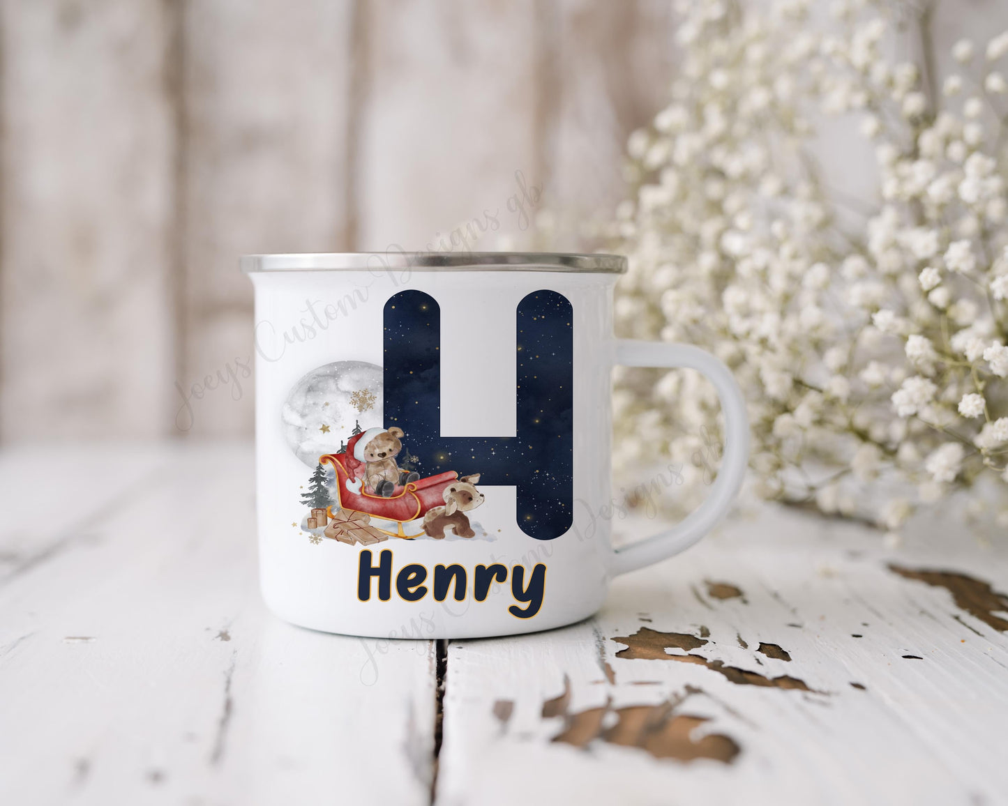 Personalised Christmas mug, teddy bear on sleigh enamel cup, Santa camping mug, kids Xmas eve drinking cup, Childrens metal drinkware