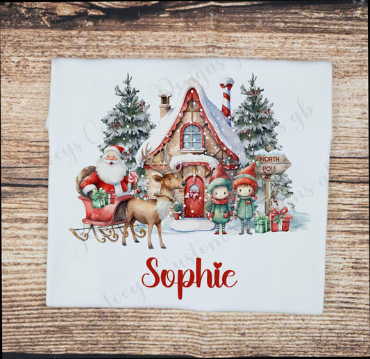 Children's personalised Christmas t-shirt, kids festive shirt, Childs Santa's grotto tee, Father Christmas and his elves top, cotton top