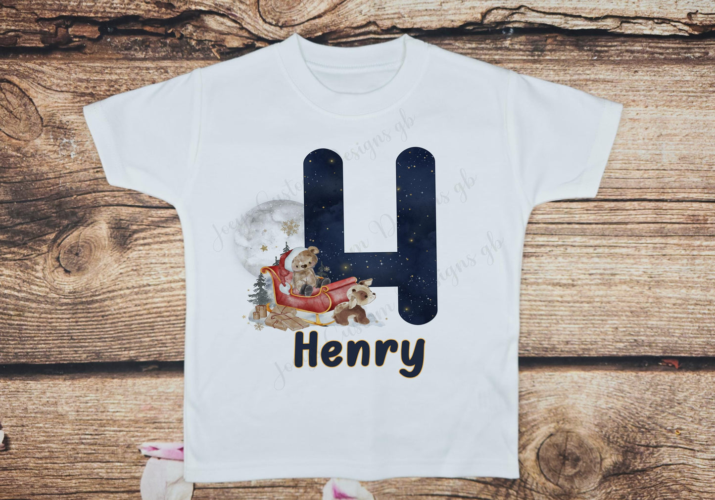 Children's personalised Christmas tshirt, Teddy Festive tee, kids xmas top, Santa sleigh initial shirt, Christmas gift, baby wear