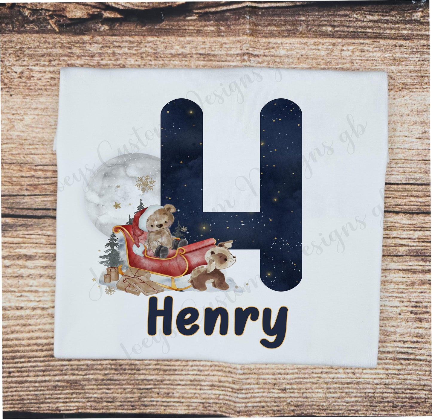 Children's personalised Christmas tshirt, Teddy Festive tee, kids xmas top, Santa sleigh initial shirt, Christmas gift, baby wear