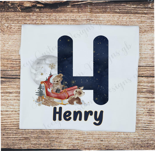 Children's personalised Christmas tshirt, Teddy Festive tee, kids xmas top, Santa sleigh initial shirt, Christmas gift, baby wear