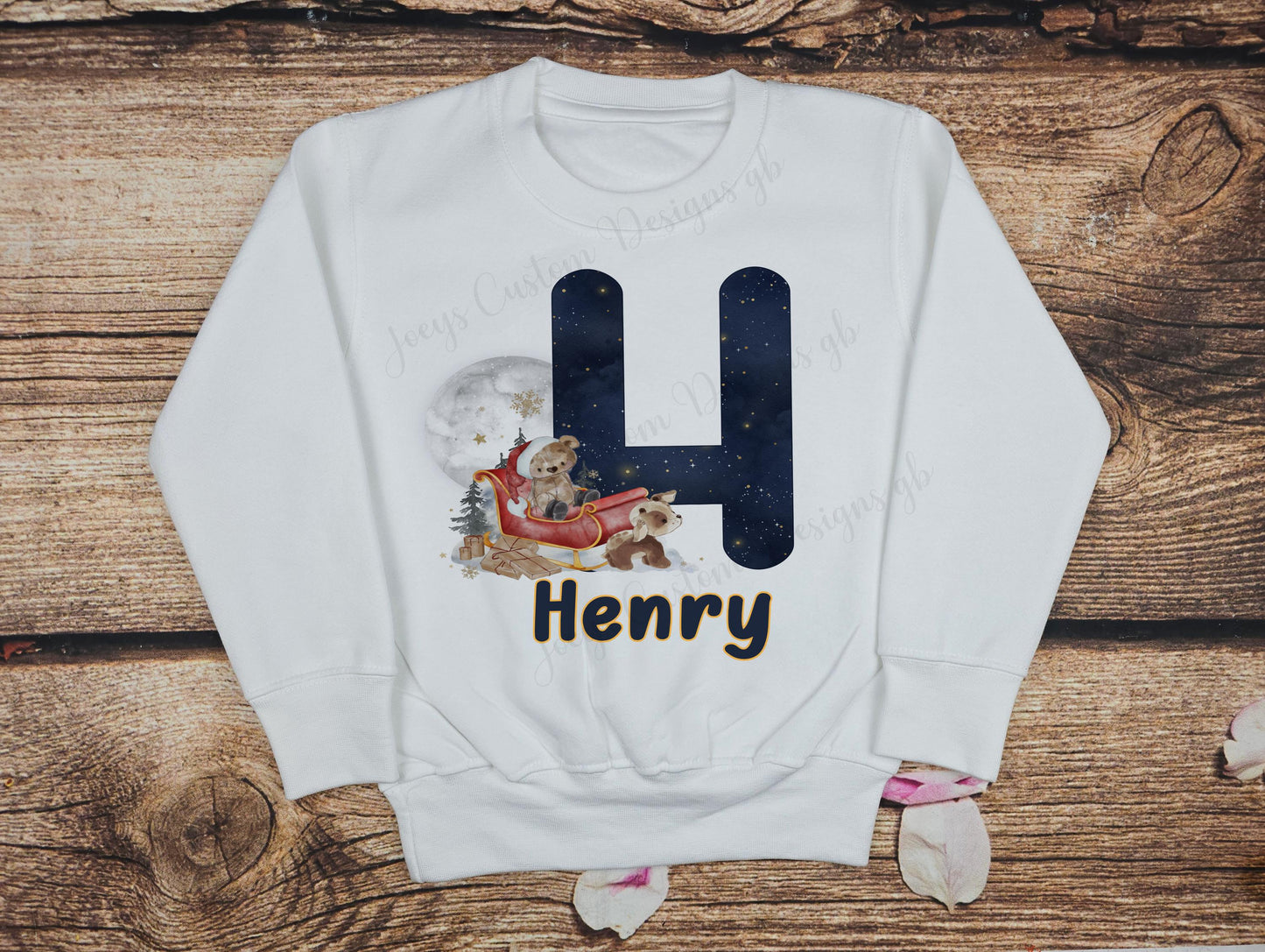 Children's personalised sweater, Kids festive jumper, Santa teddy bear, Christmas night sky top, Reindeer and Sleigh jumper,