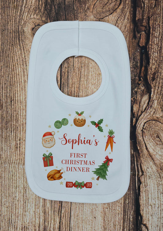 First Christmas dinner personalised bib, over head cotton bib, feeding accessory, Festive burp cloth, Baby's 1st xmas