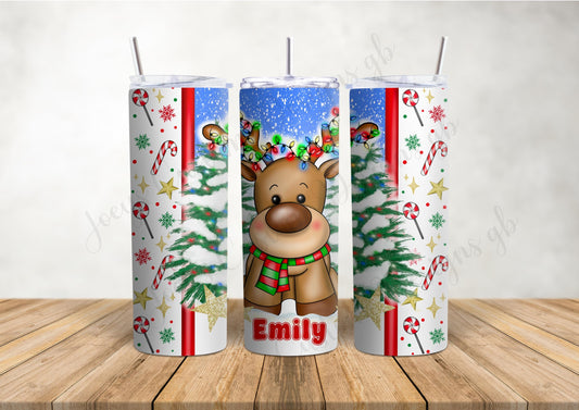 Personalised Christmas tumbler, Reindeer Stainless steel tumbler with straw, festive metal drinkware, flask, Xmas gift, hot/cold drinks