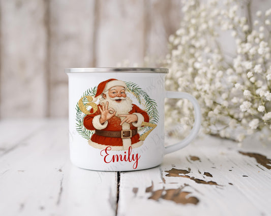 Six Seven Santa mug, traditional Father Christmas 67 enamel cup, Personalised metal mug, Kids drinkware