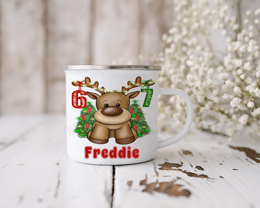 Personalised six seven reindeer mug, Christmas enamel cup, 67 festive drinkware, kids metal 12 oz mug